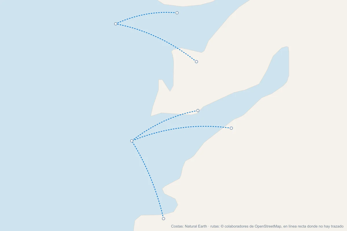 Mapa de los barcos a las Islas Cíes desde Vigo, Cangas y Baiona, y a la isla de Ons desde Bueu y Portonovo